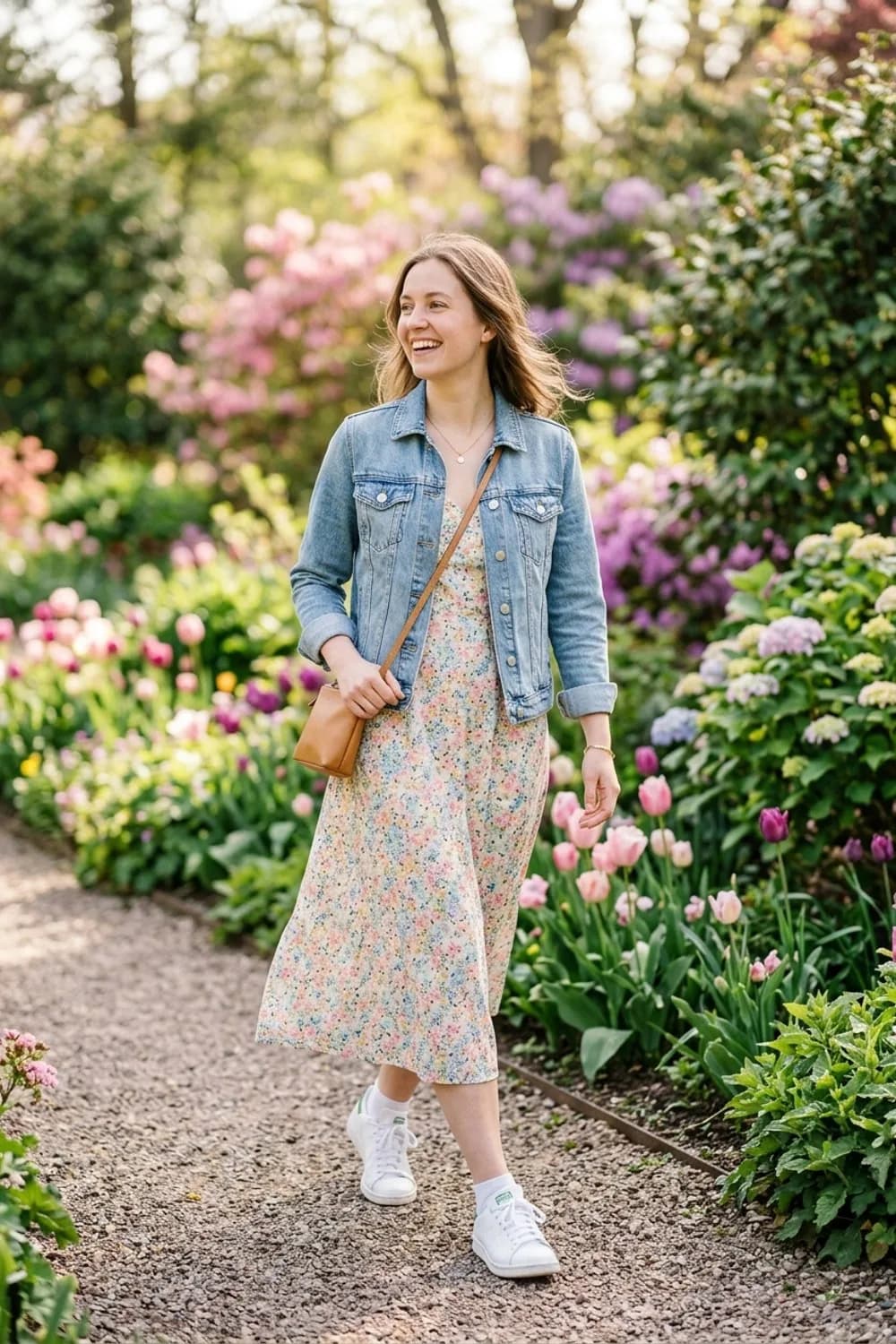 Romantischer Blümchen-Look: Geblümtes Midikleid, Jeansjacke und weiße Sneaker – Frühlingsoutfits für Damen: 24 topmoderne Ideen