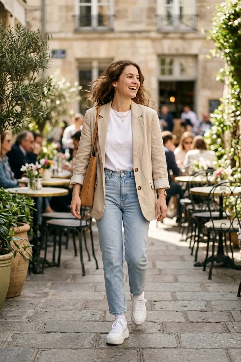 Sportlich-Schicker Look: Weißes T-Shirt, High-Waist-Jeans und beige Blazer – Frühlingsoutfits für Damen: 24 topmoderne Ideen