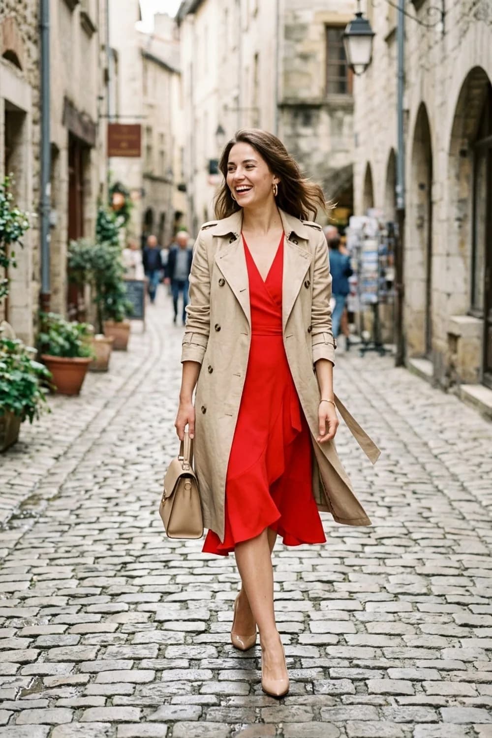 Statement in Rot: Rotes Midikleid, beige Trenchcoat und nude Pumps – Frühlingsoutfits für Damen: 24 topmoderne Ideen