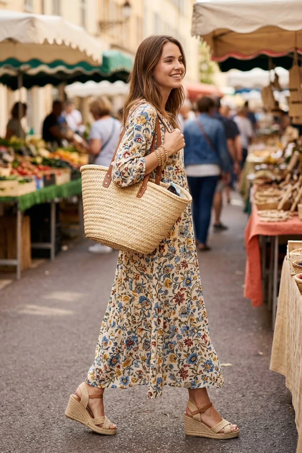 Boho-Sommer: Geblümtes Maxikleid, Keilsandaletten und eine Korbtasche – Armbänder kombinieren: 9 Stacking-Looks für jedes Handgelenk