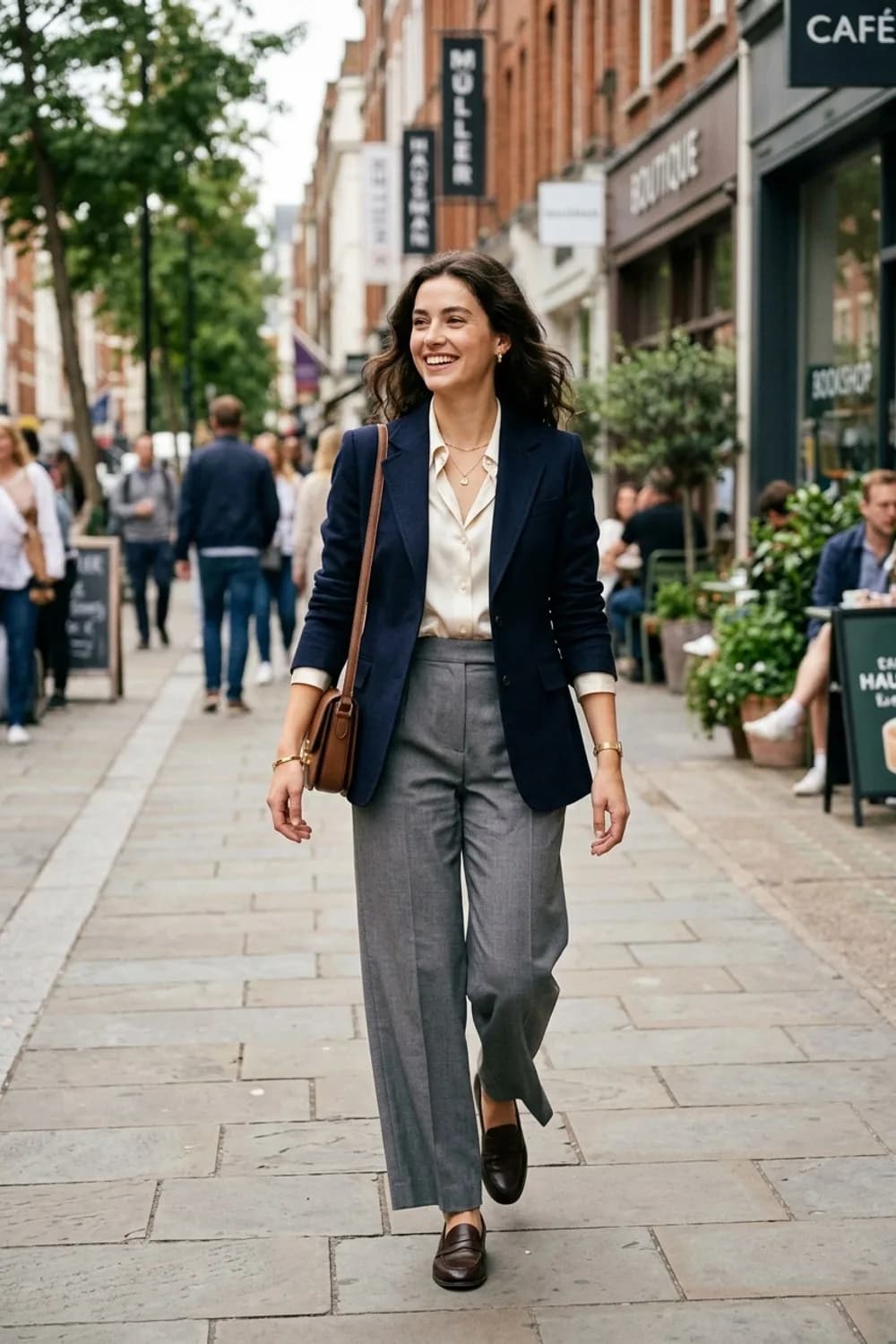 Büro-Chic: Dunkelblauer Blazer, Seidenbluse und graue Marlene-Hose – Armbänder kombinieren: 9 Stacking-Looks für jedes Handgelenk