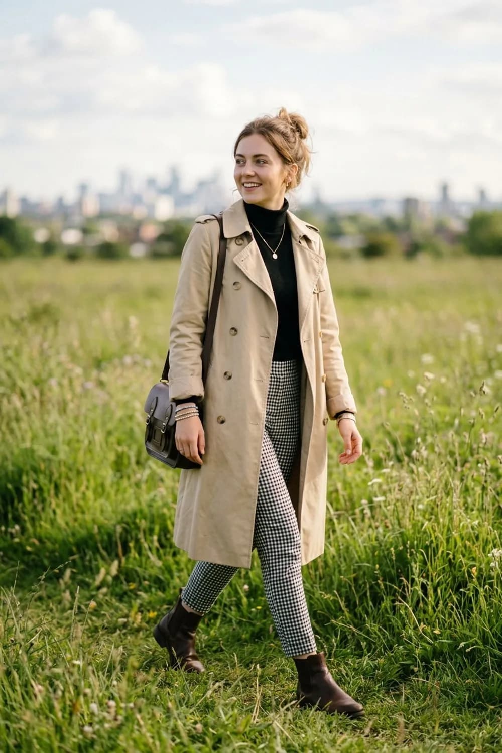 City-Trip-Style: Trenchcoat, Rollkragenpullover und karierte Stoffhose – Armbänder kombinieren: 9 Stacking-Looks für jedes Handgelenk