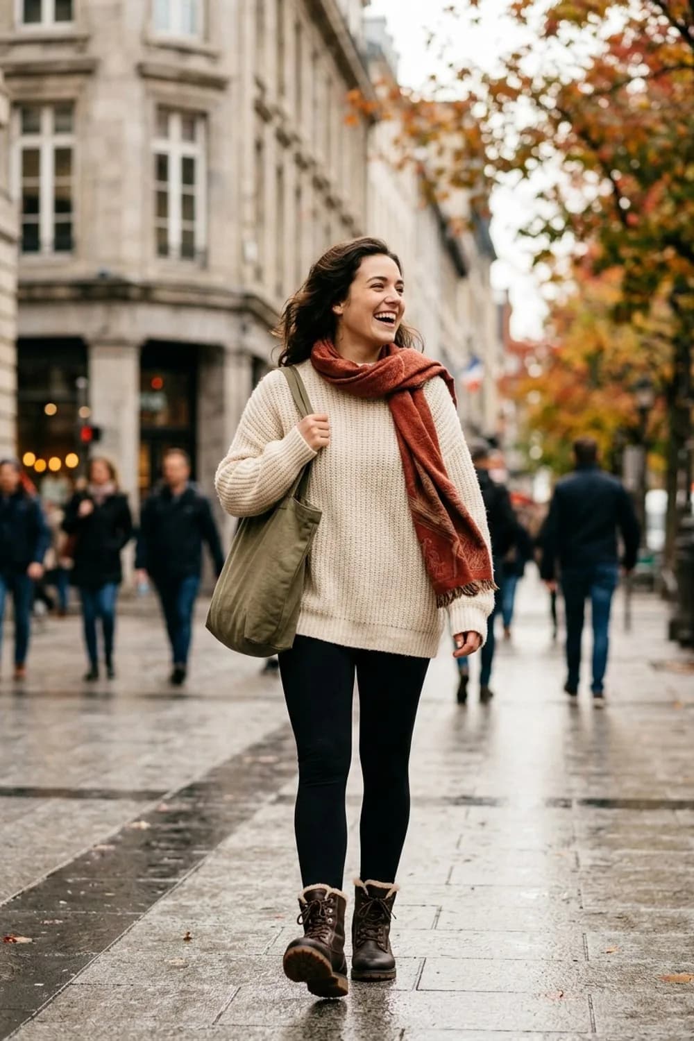Cozy-Casual: Oversize-Strickpullover in Creme, schwarze Leggings und Boots – Armbänder kombinieren: 9 Stacking-Looks für jedes Handgelenk