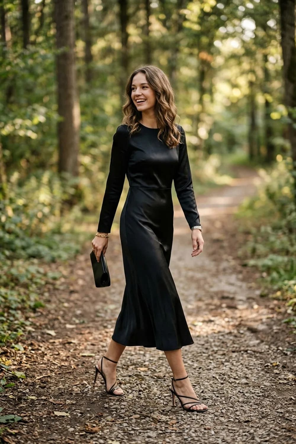 Date-Night-Glamour: Schwarzes Satinkleid, Riemchen-Heels und eine Clutch – Armbänder kombinieren: 9 Stacking-Looks für jedes Handgelenk