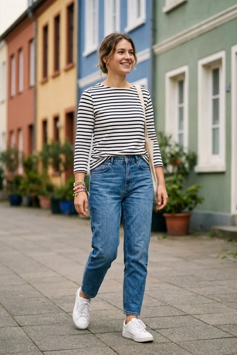 Wochenend-Vibes: Gestreiftes Langarmshirt, Mom-Jeans und weiße Sneaker – Armbänder kombinieren: 9 Stacking-Looks für jedes Handgelenk