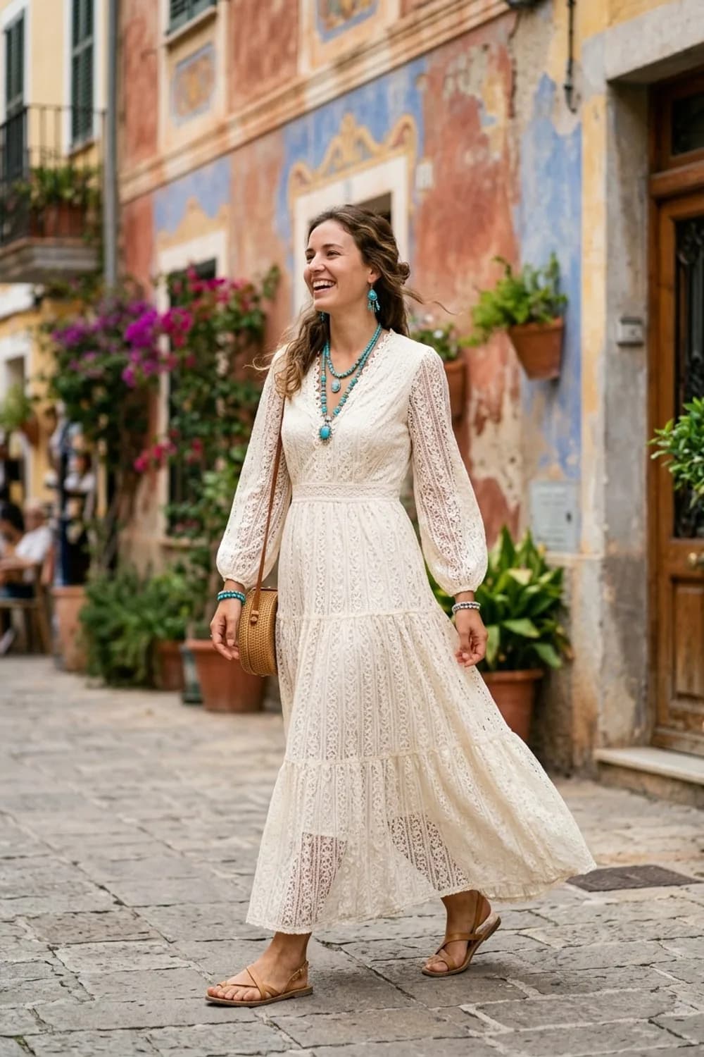 Boho-Vibes: Elfenbeinfarbenes Spitzenkleid, türkiser Schmuck und flache Ledersandalen – Henna Abend Kleid: 9 festliche Looks für die orientalische Feier