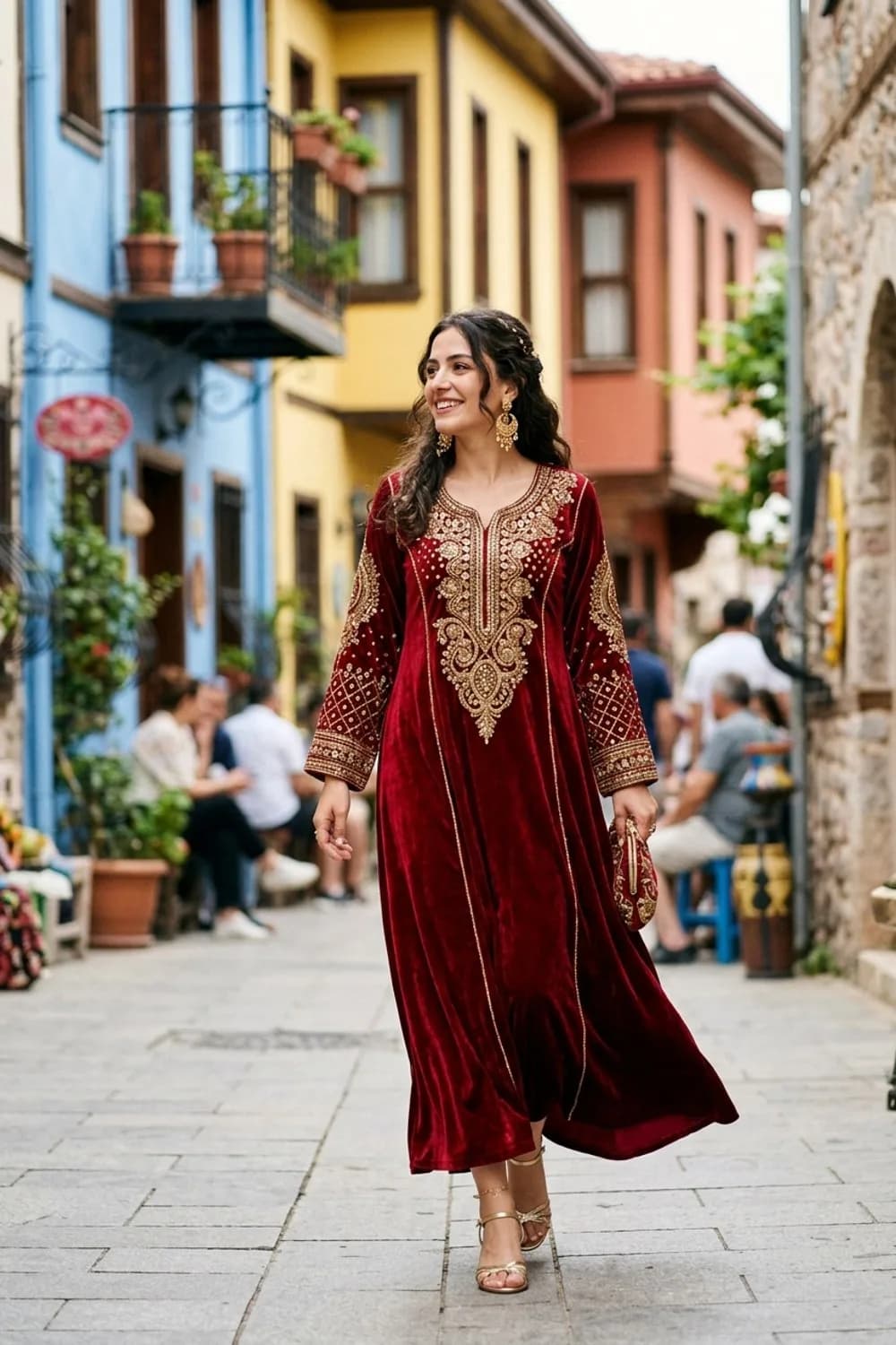 Der Klassiker: Rotes Samt-Kaftankleid, goldene Statement-Ohrringe und filigrane Sandaletten – Henna Abend Kleid: 9 festliche Looks für die orientalische Feier