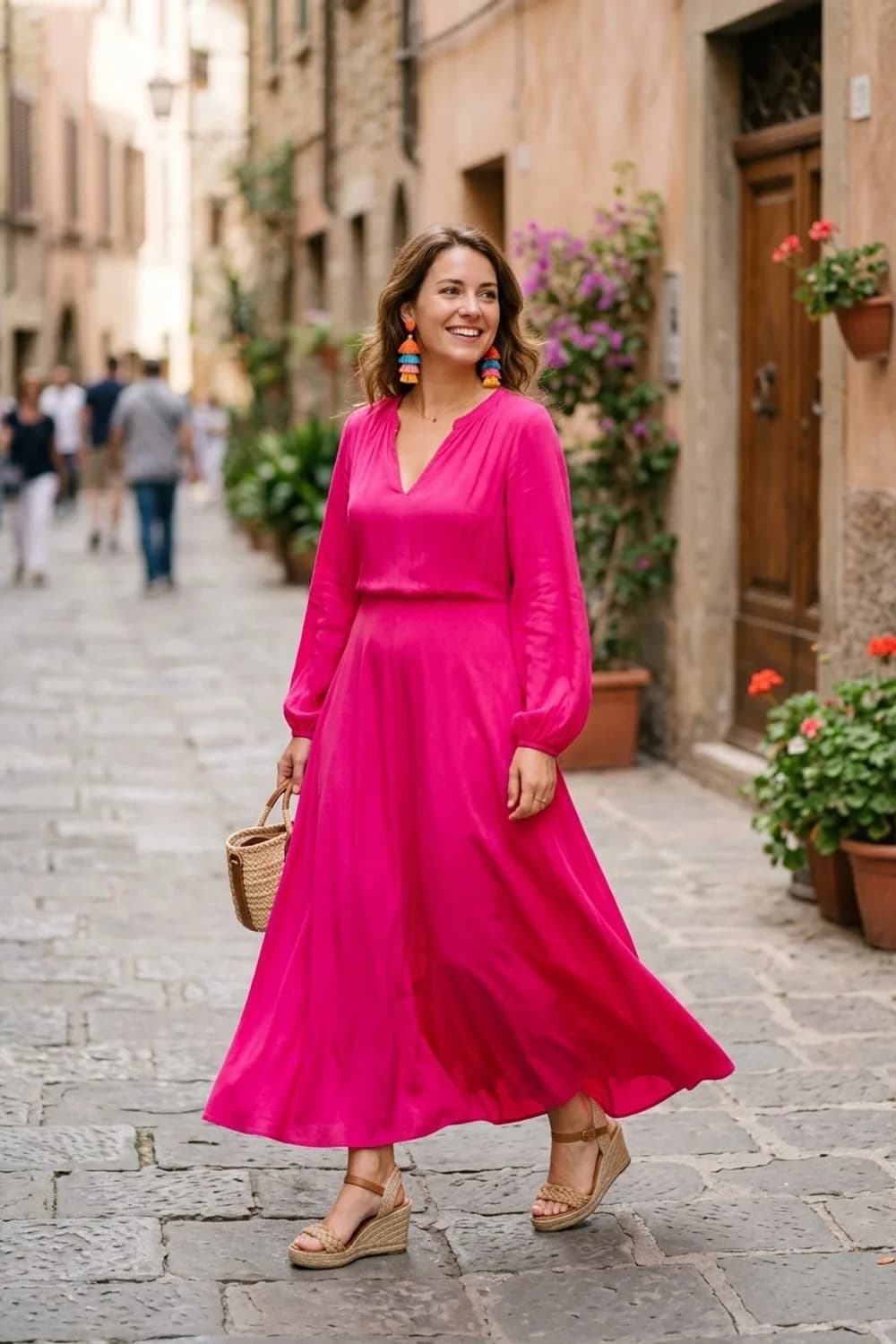 Farbenfrohe Freude: Maxikleid in Fuchsia, bunte Quasten-Ohrringe und Keilsandaletten – Henna Abend Kleid: 9 festliche Looks für die orientalische Feier