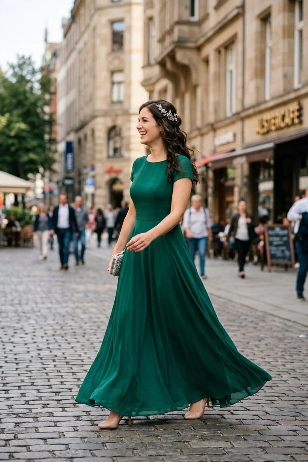 Modern Princess: Smaragdgrünes A-Linien-Kleid, silberner Haarschmuck und nudefarbene Pumps – Henna Abend Kleid: 9 festliche Looks für die orientalische Feier