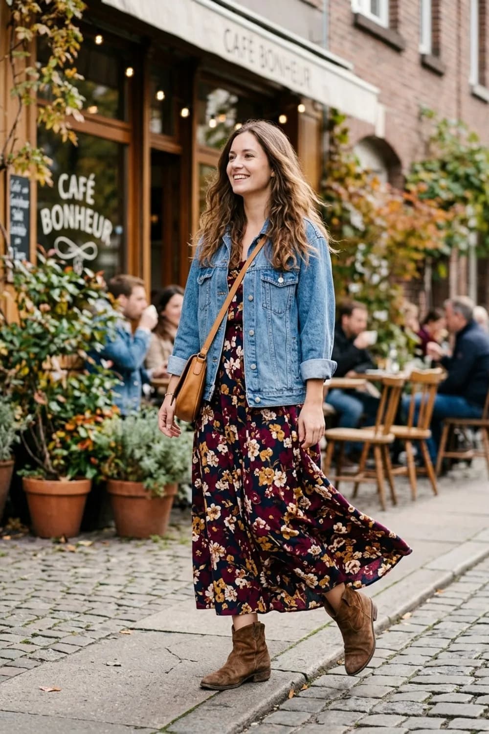 Bohème-Flair: Geblümtes Maxikleid, hellblaue Jeansjacke und braune Wildlederstiefeletten – Herbstkleid: 9 wundervolle Looks für die kühle Jahreszeit