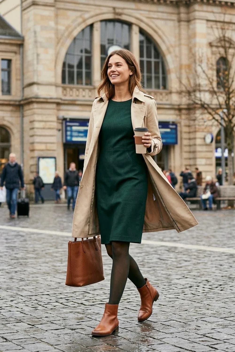 Büro-Eleganz: Dunkelgrünes Etuikleid, beiger Trenchcoat und cognacfarbene Ankle Boots – Herbstkleid: 9 wundervolle Looks für die kühle Jahreszeit