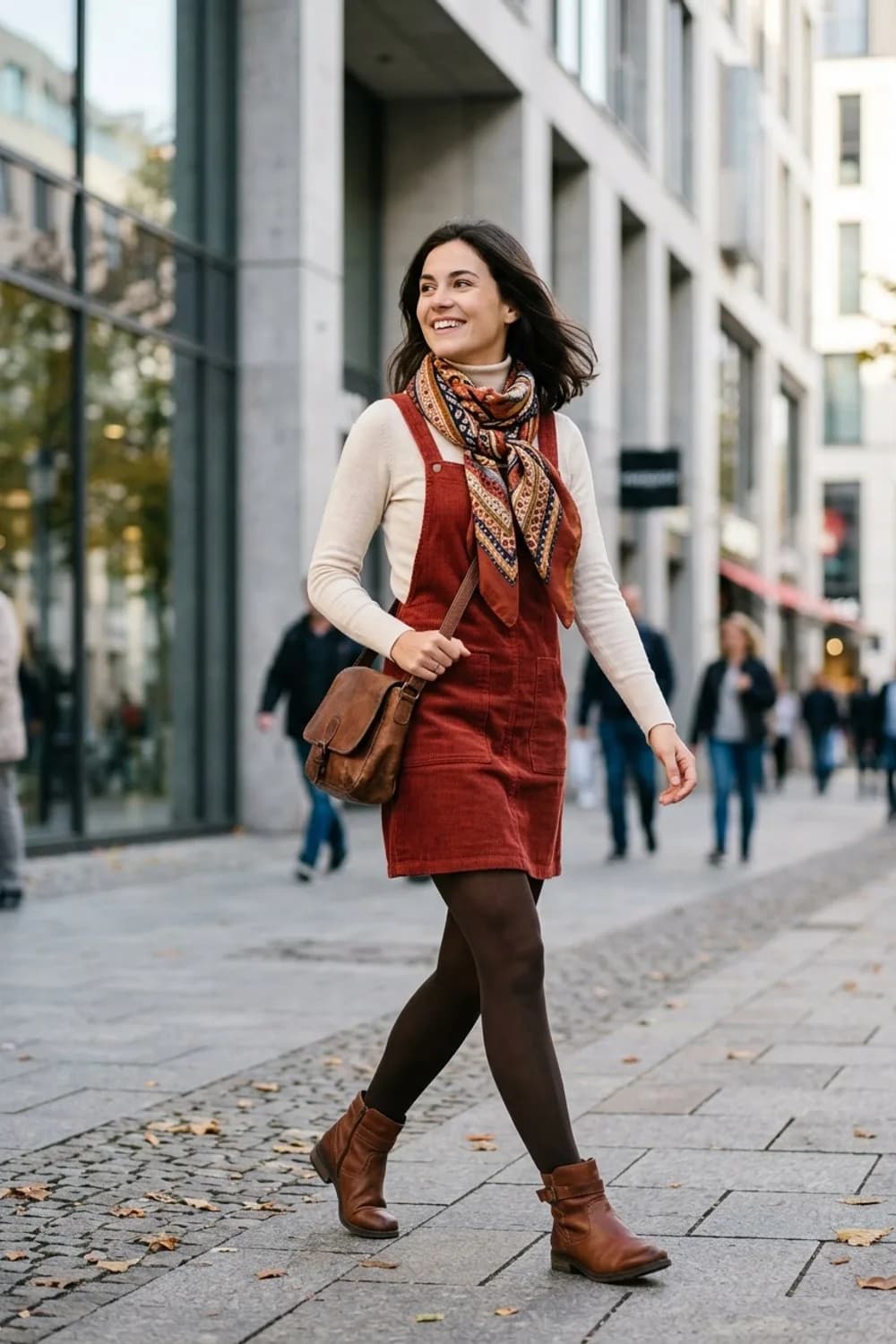 City-Trip-Look: Rostrotes Cordkleid, gemusterter Schal und flache Stiefeletten – Herbstkleid: 9 wundervolle Looks für die kühle Jahreszeit