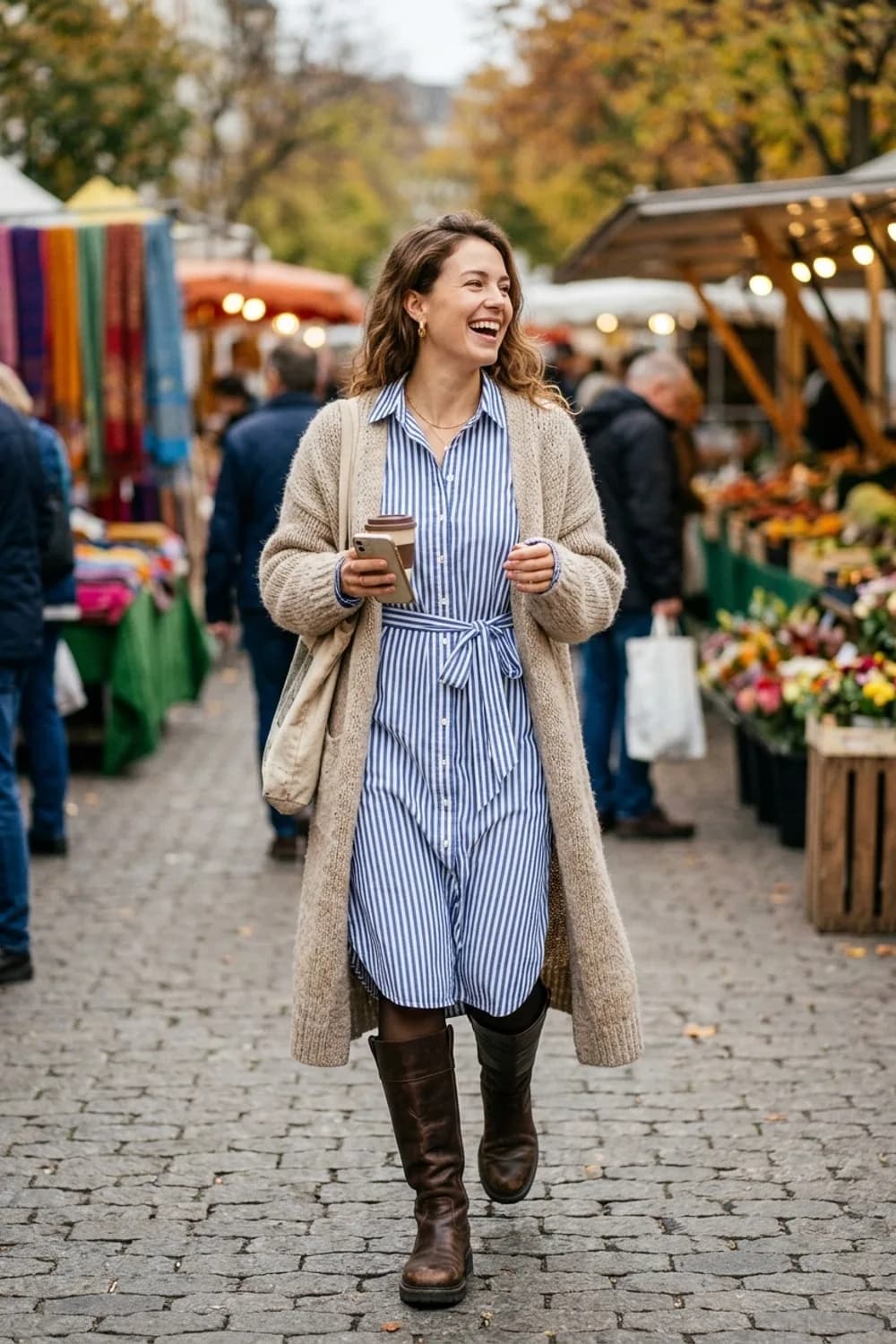 Lässiger Lagenlook: Gestreiftes Hemdblusenkleid, langer Woll-Cardigan und kniehohe Stiefel – Herbstkleid: 9 wundervolle Looks für die kühle Jahreszeit