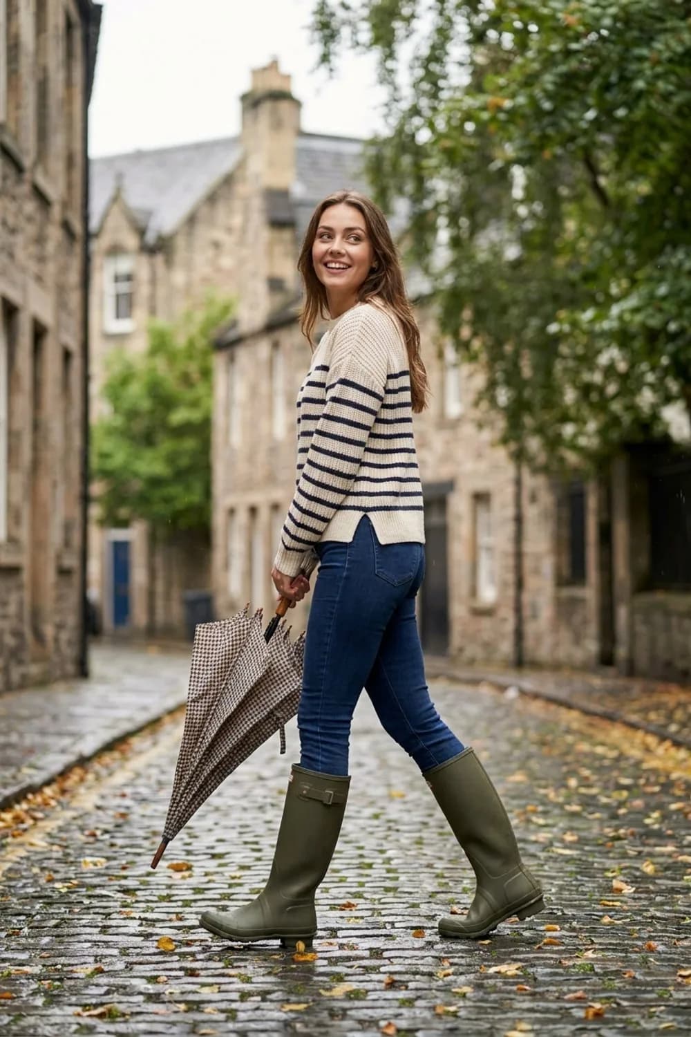 Allwetter-Heldin: Olivgrüne Gummistiefel, eine dunkle Skinny-Jeans und ein gestreifter Pullover – Herbst-Stiefel Outfits: 9 stylische Looks für die schönste Jahreszeit