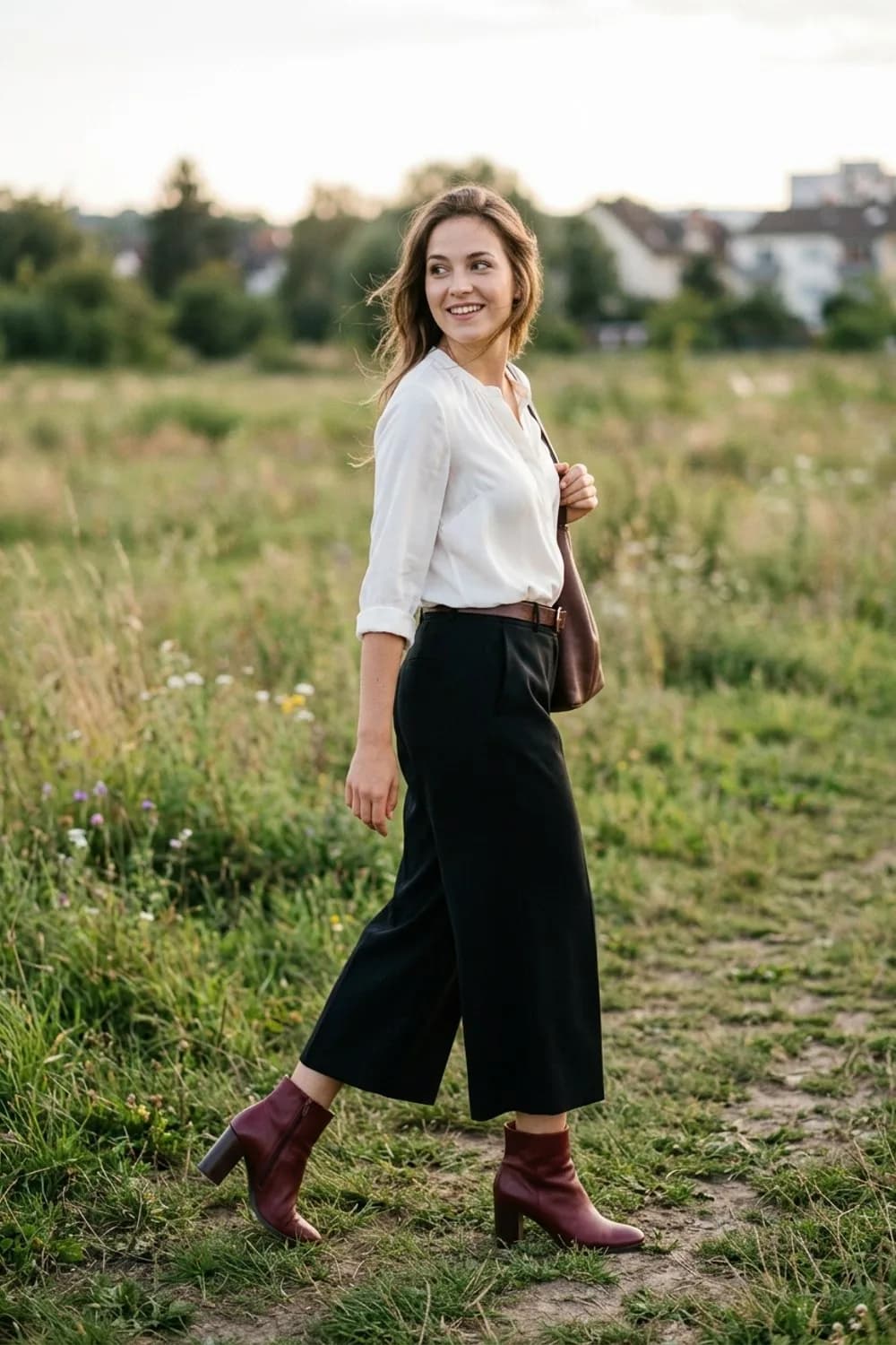 Business Casual: Bordeauxrote Stiefeletten mit Blockabsatz, eine schwarze Culotte und eine weiße Seidenbluse – Herbst-Stiefel Outfits: 9 stylische Looks für die schönste Jahreszeit