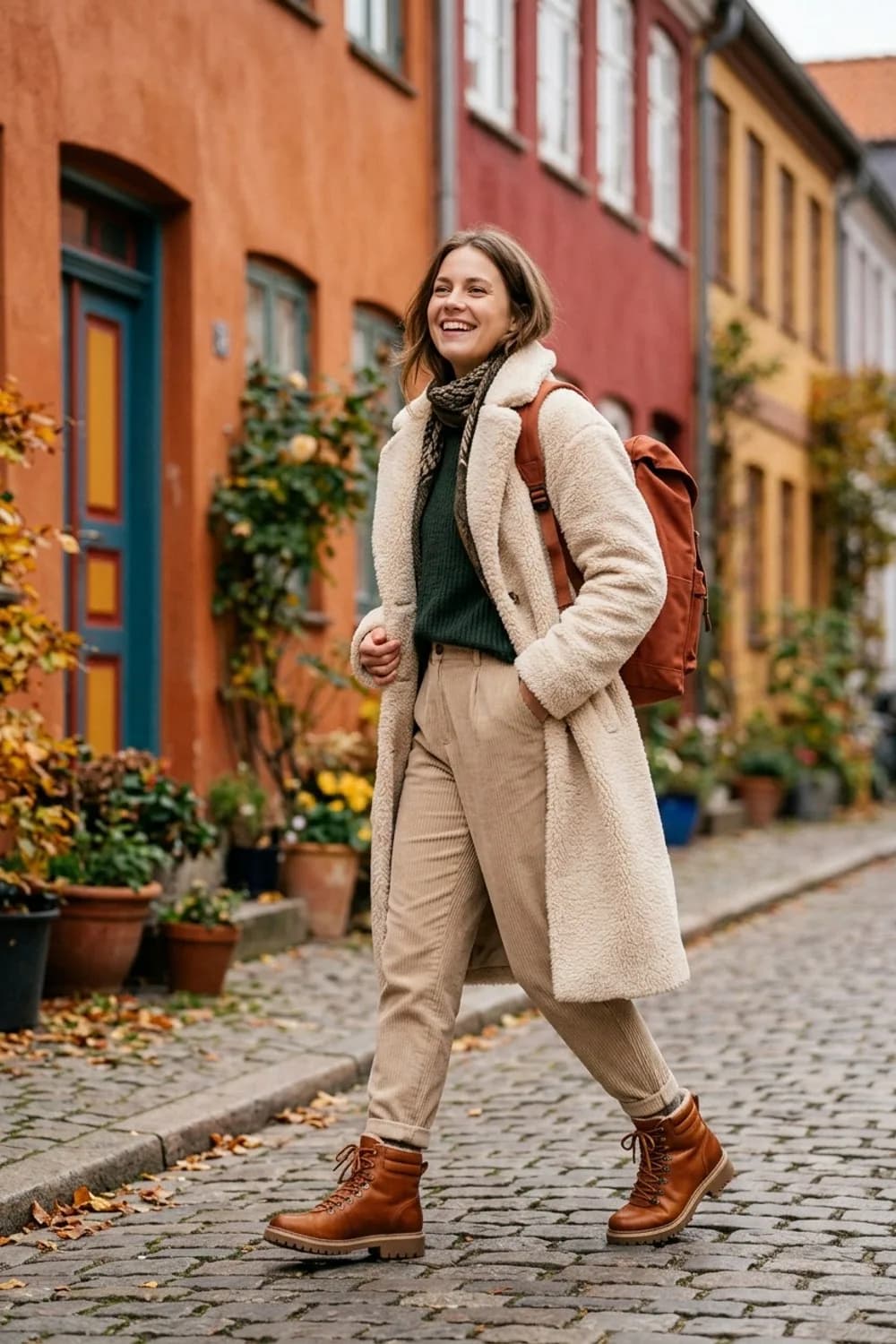 Cozy Weekend: Gefütterte Wanderstiefel, eine beige Cordhose und ein Teddy-Mantel – Herbst-Stiefel Outfits: 9 stylische Looks für die schönste Jahreszeit