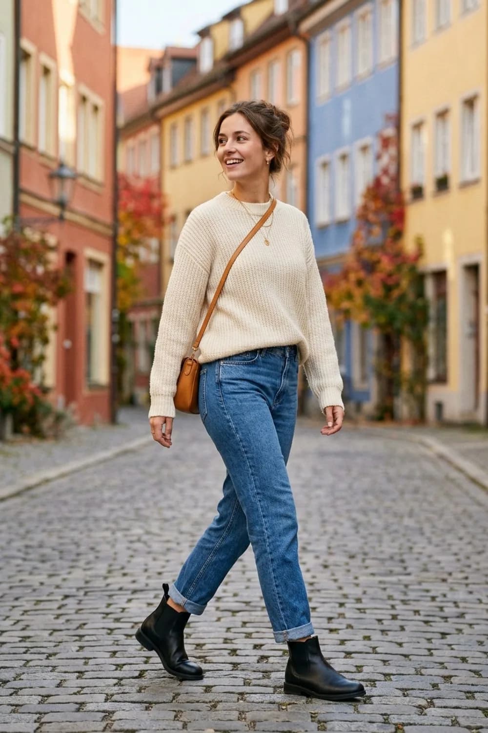 Der Klassiker: Schwarze Chelsea Boots, cremefarbener Strickpullover und eine Straight-Leg-Jeans – Herbst-Stiefel Outfits: 9 stylische Looks für die schönste Jahreszeit
