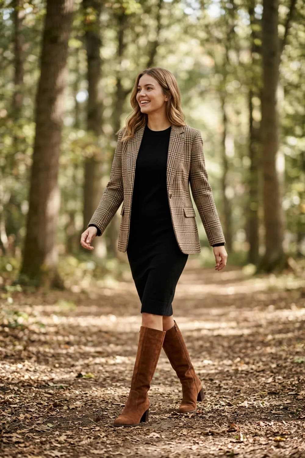 Elegant im Büro: Braune kniehohe Stiefel, ein schwarzes Strickkleid und ein karierter Blazer – Herbst-Stiefel Outfits: 9 stylische Looks für die schönste Jahreszeit