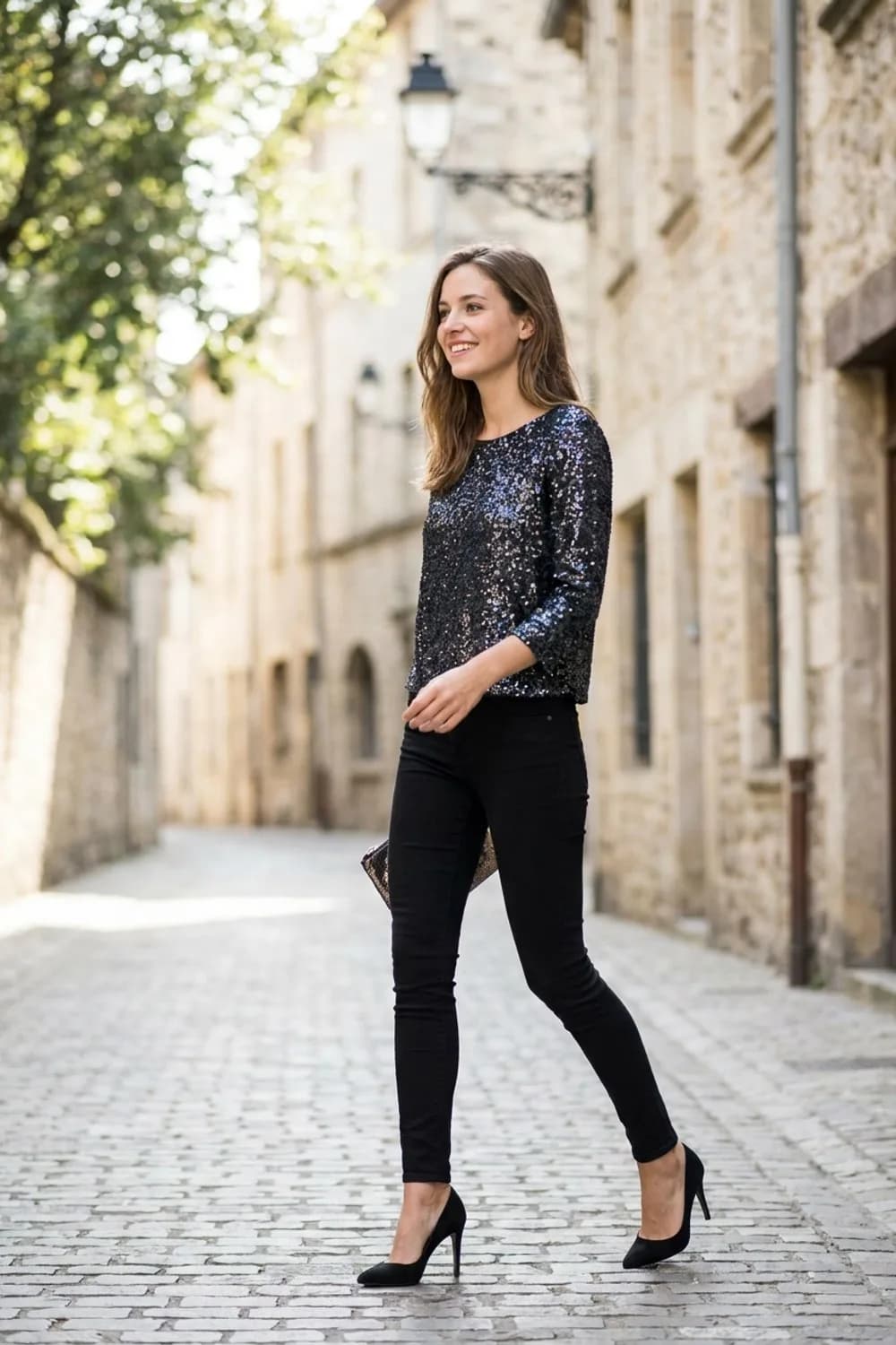 Glam-Look: Schwarze Skinny Jeans, Pailletten-Top und spitze Pumps – Jeans Party Outfit: 9 Styling-Ideen für deinen glanzvollen Auftritt