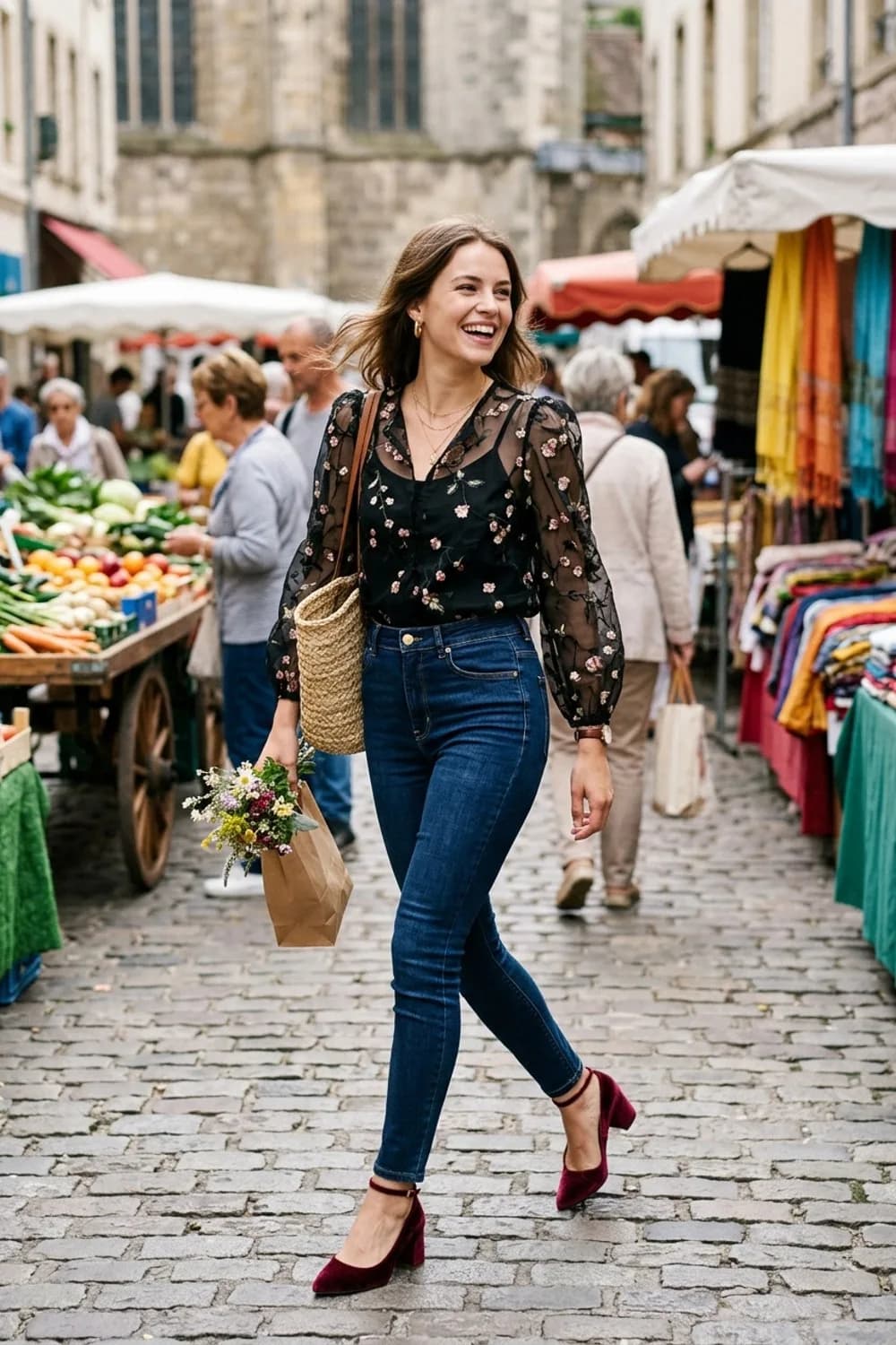 Romantisch-Look: Dunkelblaue High-Waist Skinny Jeans, transparente Organza-Bluse und Samt-Pumps – Jeans Party Outfit: 9 Styling-Ideen für deinen glanzvollen Auftritt