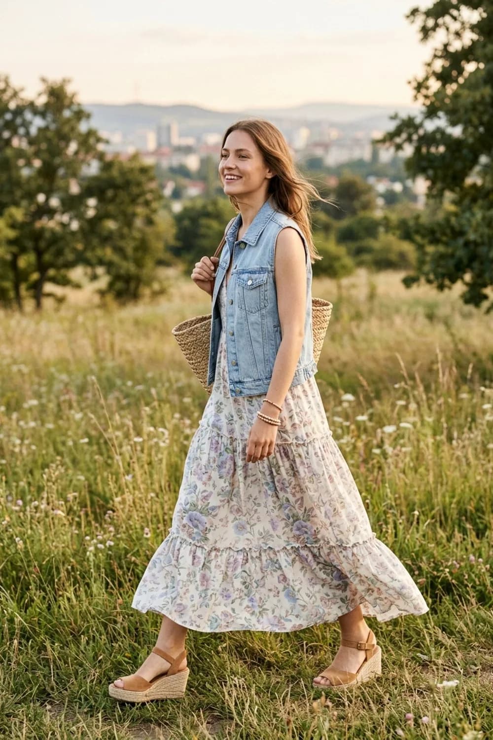 Boho-Dream: Helle Jeansweste, geblümtes Maxikleid und Keilsandalen – Jeansweste: 9 lässige Outfits für den Frühling und Sommer
