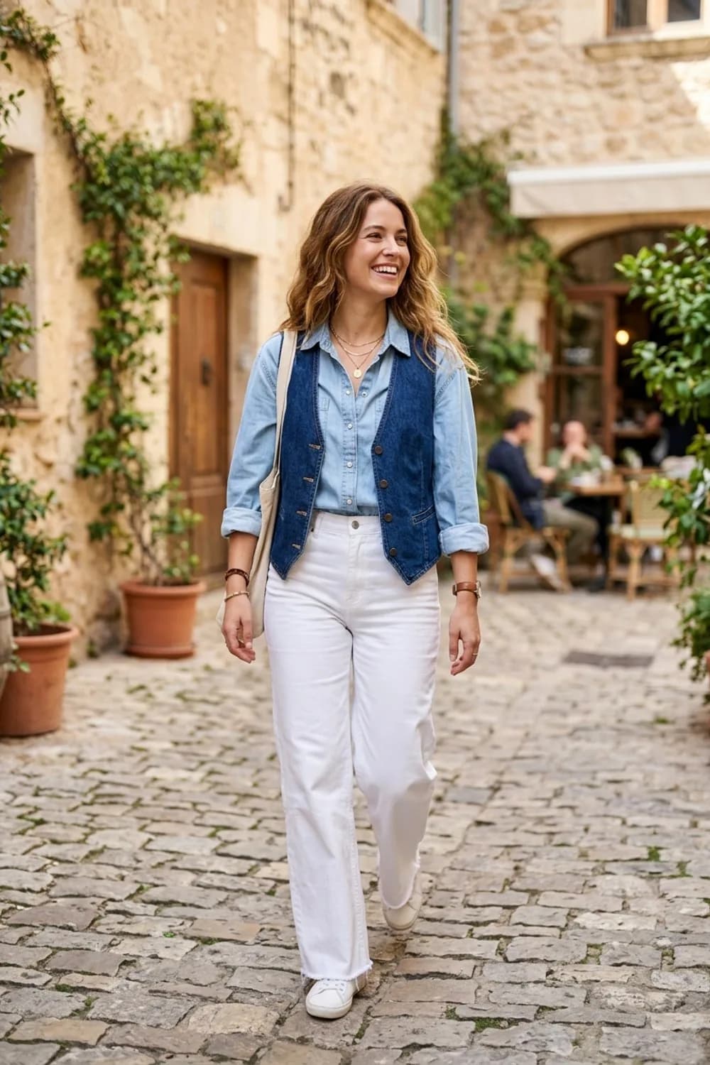 Denim-on-Denim: Dunkelblaue Jeansweste, hellblaues Jeanshemd und weiße Jeans – Jeansweste: 9 lässige Outfits für den Frühling und Sommer