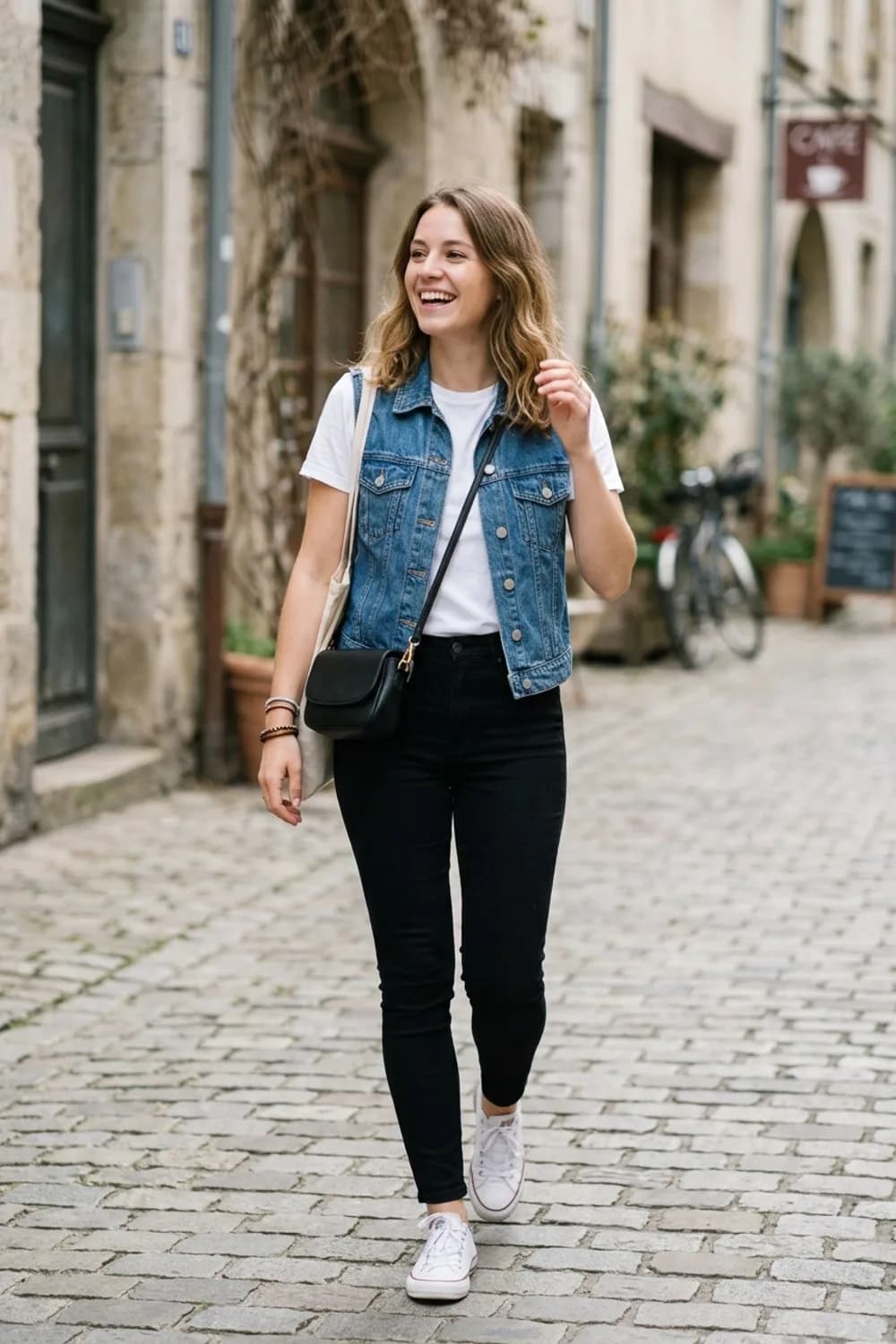 Der Klassiker: Blaue Jeansweste, weißes T-Shirt und schwarze Skinny-Jeans – Jeansweste: 9 lässige Outfits für den Frühling und Sommer
