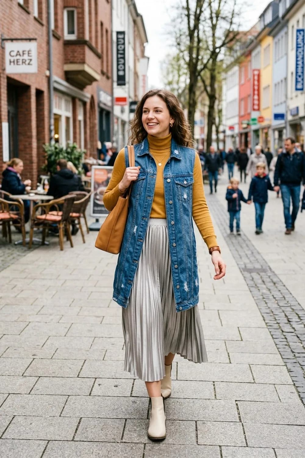 Lagenlook für den Frühling: Lange Jeansweste, Rollkragenpullover und Plisseerock – Jeansweste: 9 lässige Outfits für den Frühling und Sommer