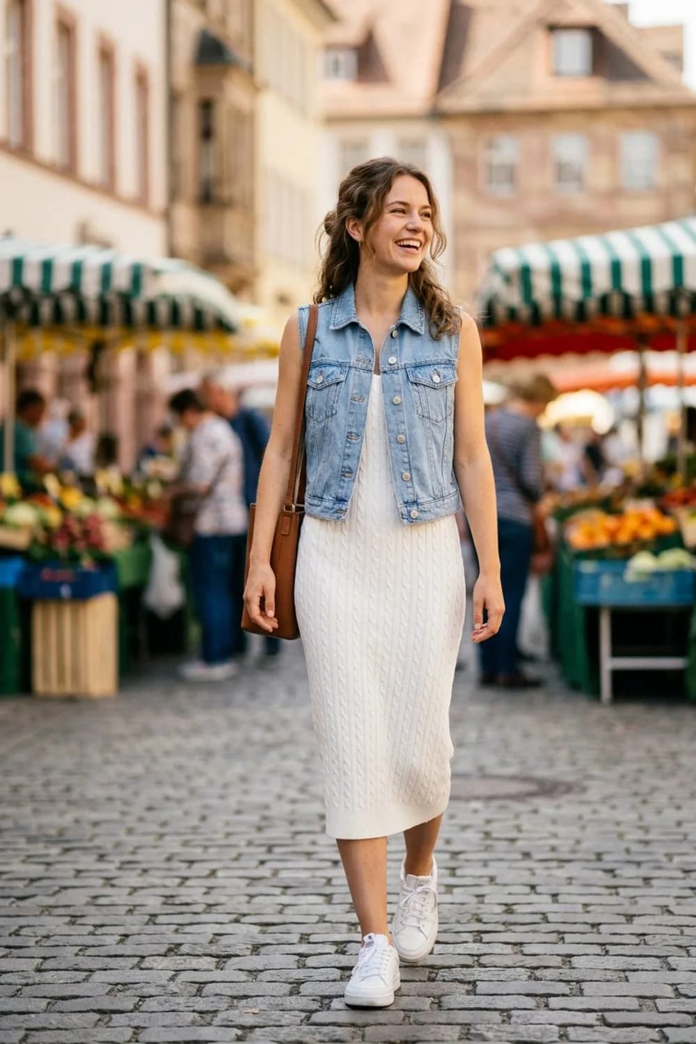 Monochrome Eleganz: Hellblaue Jeansweste, weißes Strickkleid und weiße Sneaker – Jeansweste: 9 lässige Outfits für den Frühling und Sommer
