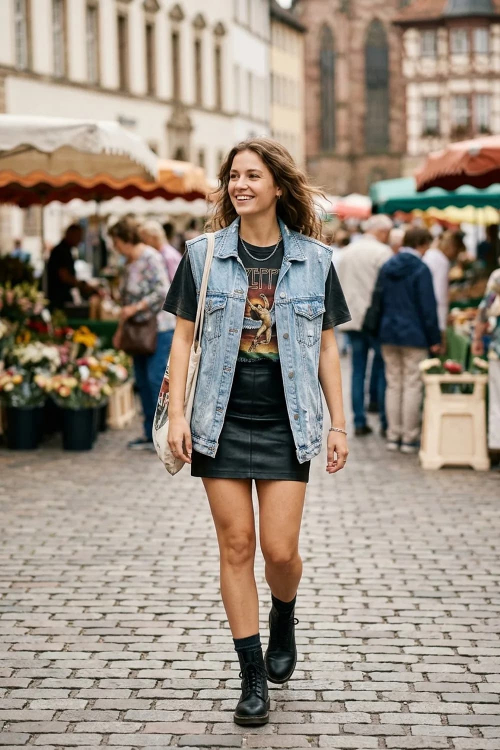 Rock-Appeal: Oversized Jeansweste, Band-Shirt und Minirock aus Lederimitat – Jeansweste: 9 lässige Outfits für den Frühling und Sommer