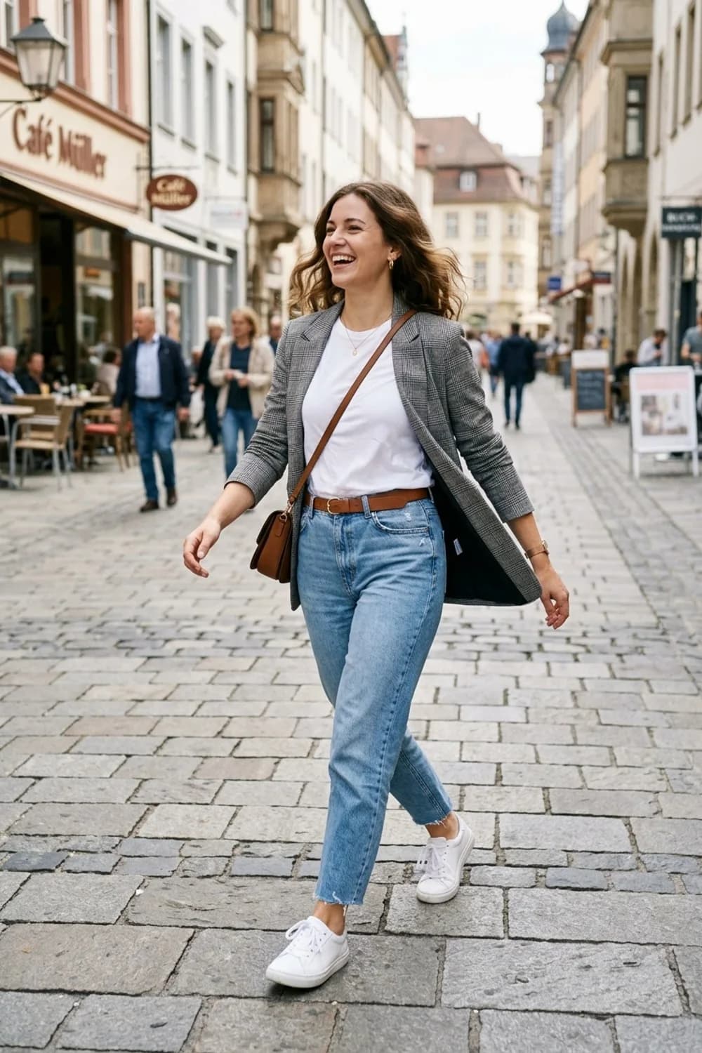 Casual-Look: Weißes T-Shirt, hellblaue Mom-Jeans und weiße Sneaker – Karierten Blazer kombinieren: 9 Herbst-Looks mit klassischem Muster
