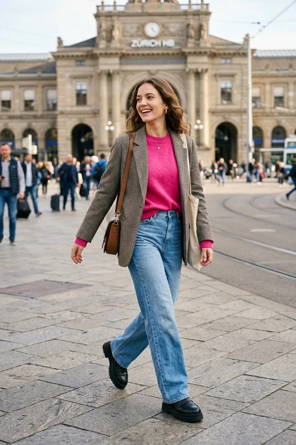 Mut zur Farbe: Knalliger Pullover, Wide-Leg-Jeans und Plateau-Loafer – Karierten Blazer kombinieren: 9 Herbst-Looks mit klassischem Muster