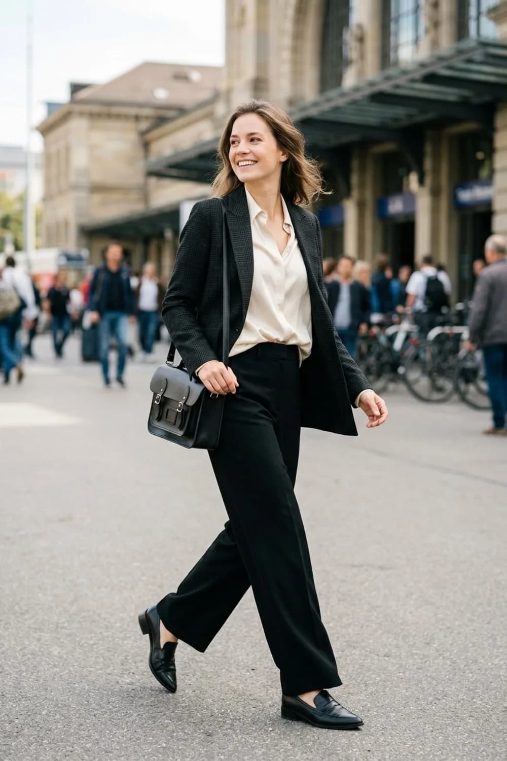 Office-Chic: Schwarze Marlenehose, cremefarbene Seidenbluse und spitze Loafer – Karierten Blazer kombinieren: 9 Herbst-Looks mit klassischem Muster