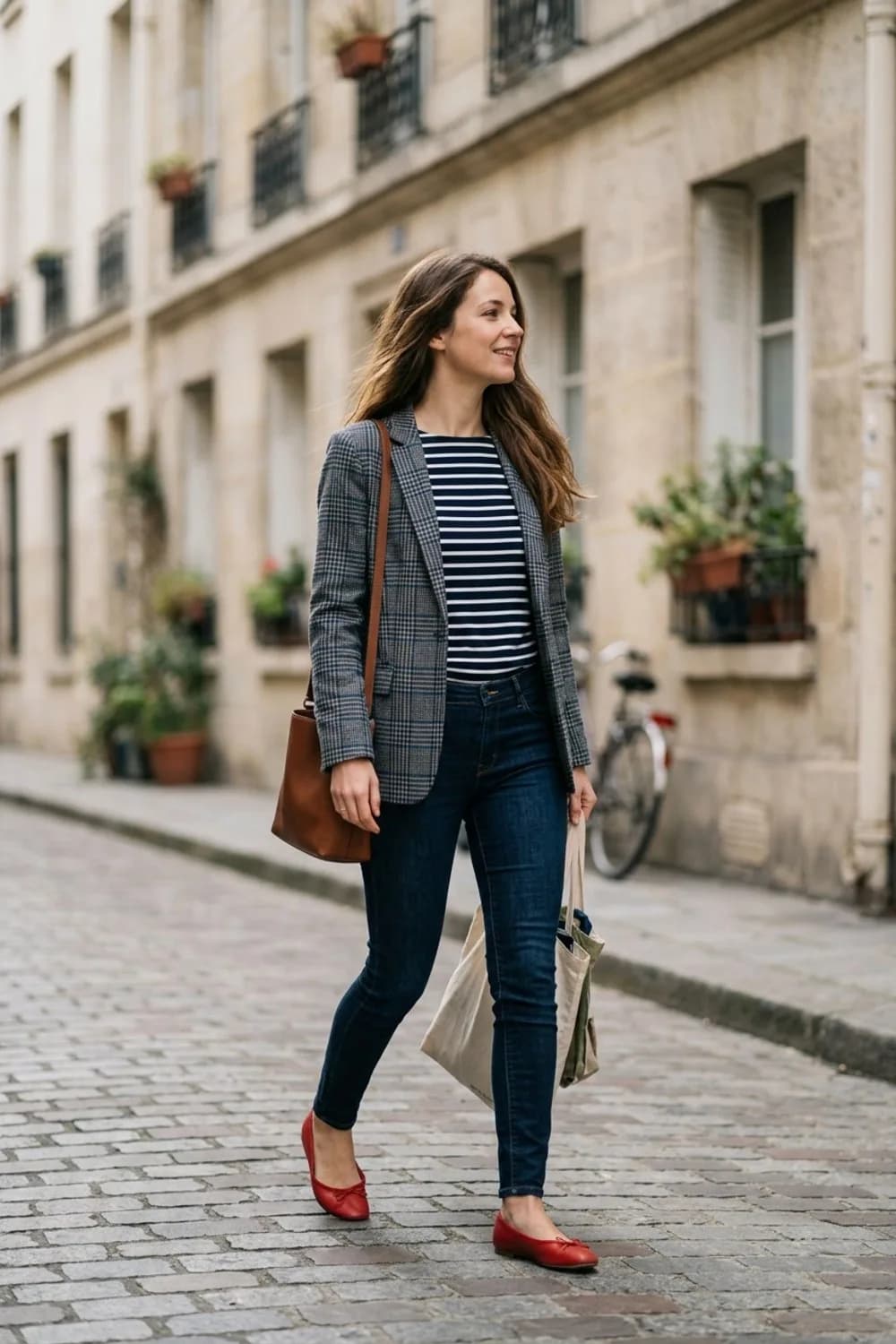 Parisian-Chic: Gestreiftes Breton-Shirt, dunkle Skinny-Jeans und rote Ballerinas – Karierten Blazer kombinieren: 9 Herbst-Looks mit klassischem Muster
