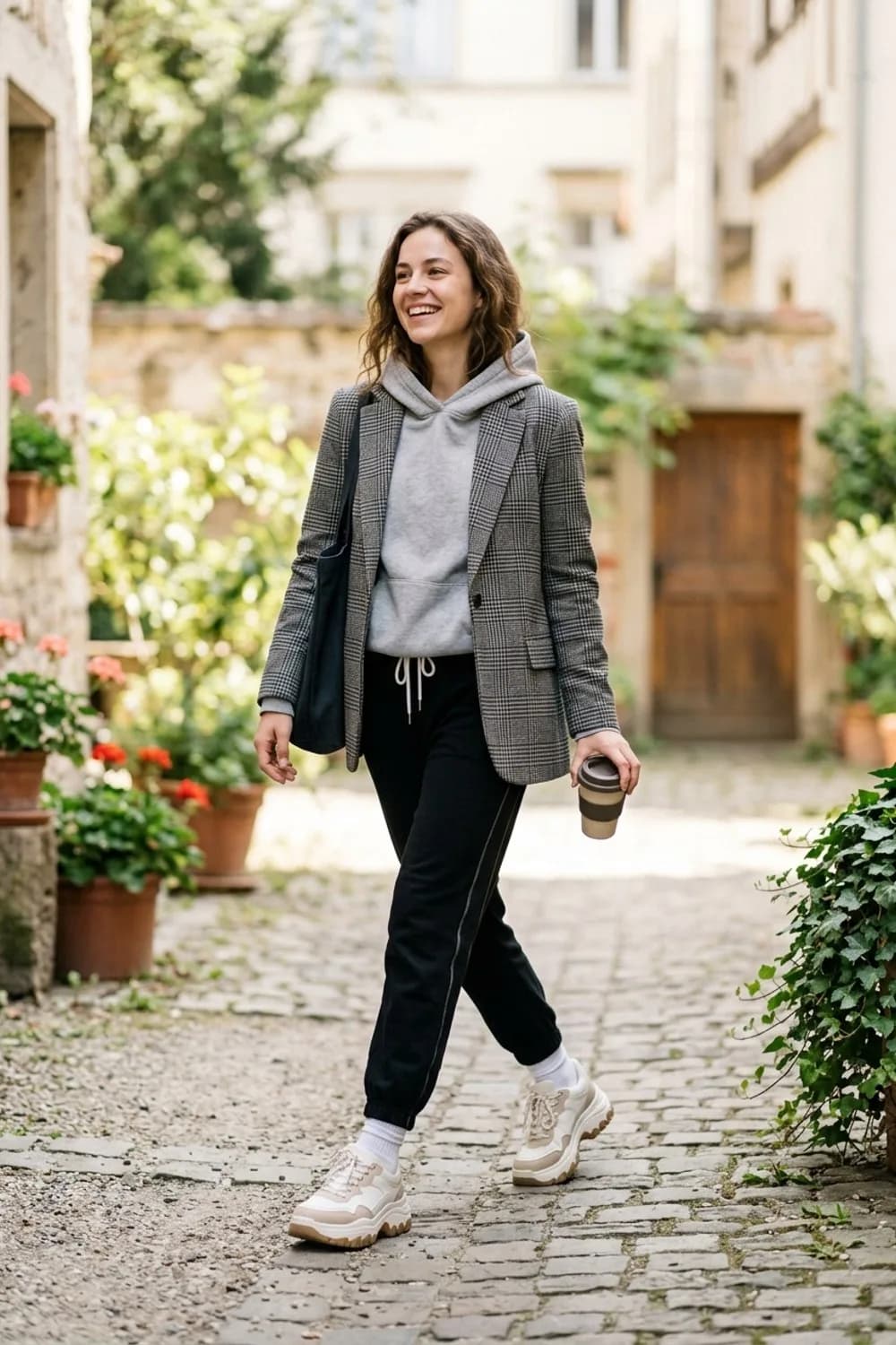 Sporty-Deluxe: Grauer Hoodie, schwarze Jogger und chunky Sneaker – Karierten Blazer kombinieren: 9 Herbst-Looks mit klassischem Muster