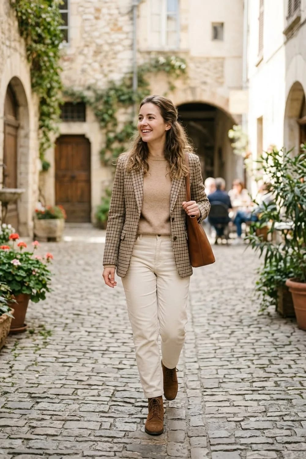 Ton-in-Ton-Look: Beiger Kaschmirpullover, cremefarbene Cordhose und braune Stiefeletten – Karierten Blazer kombinieren: 9 Herbst-Looks mit klassischem Muster