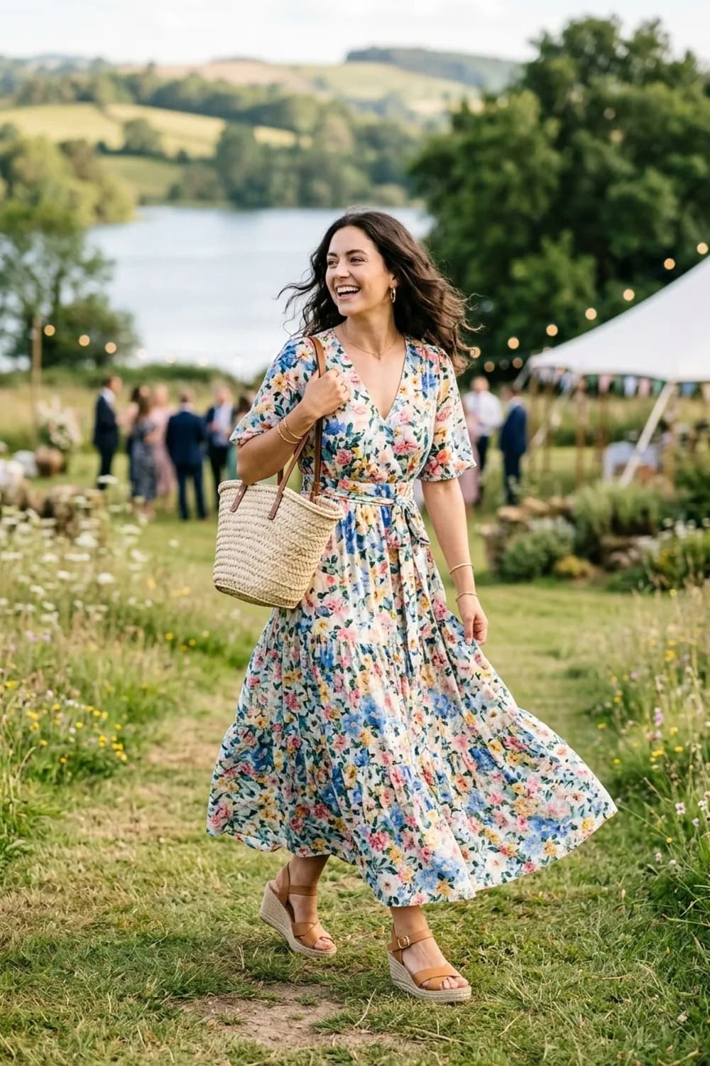 Die romantische Wahl: Fließendes Maxikleid mit floralem Muster, Keilsandalen und Korbtasche – Kleid als Hochzeitsgast: 9 elegante Looks für die schönste Feier