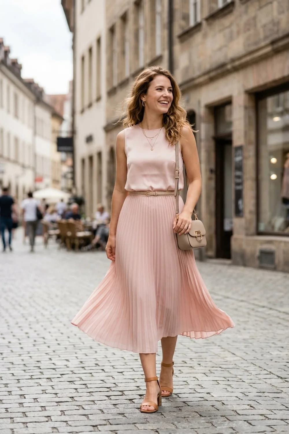 Die vielseitige Kombination: Puderrosafarbener Plisseerock, Seidentop und Blockabsatz-Sandalen – Kleid als Hochzeitsgast: 9 elegante Looks für die schönste Feier