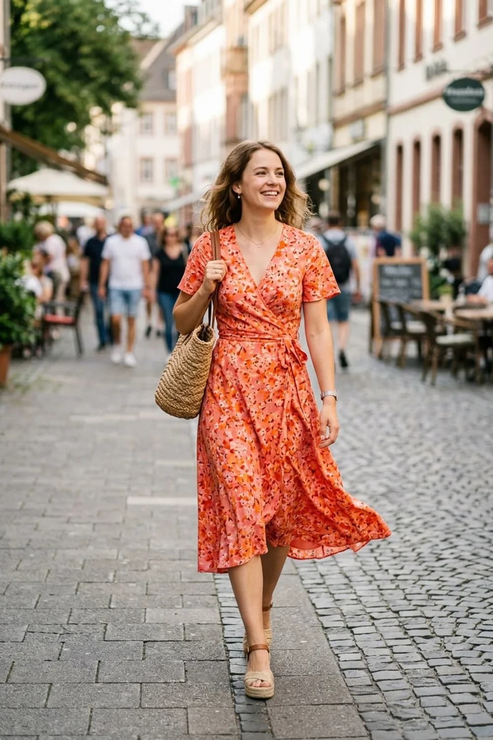 Farbenfrohe Sommerhochzeit: Wickelkleid mit floralem Print in Koralle, Keilsandaletten aus Bast und eine Strohtasche – Trauzeugin Kleid: 9 wunderschöne Looks für den schönsten Tag der Freundin