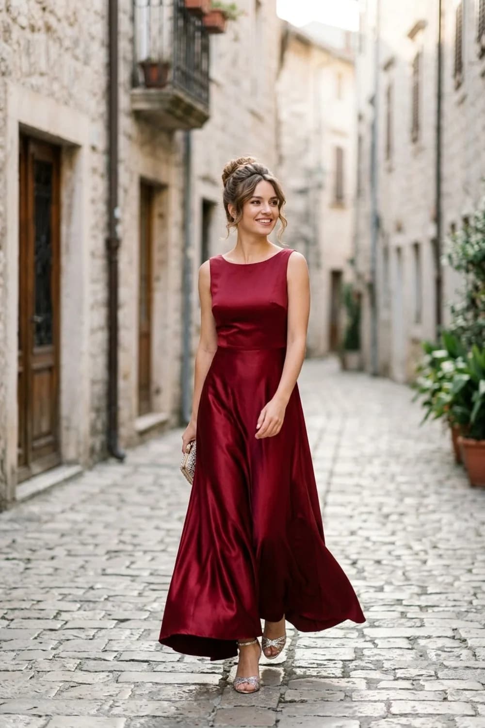 Glamouröser Abend-Look: Langes Abendkleid aus Satin in Bordeauxrot, glitzernde High Heels und eine Hochsteckfrisur – Trauzeugin Kleid: 9 wunderschöne Looks für den schönsten Tag der Freundin