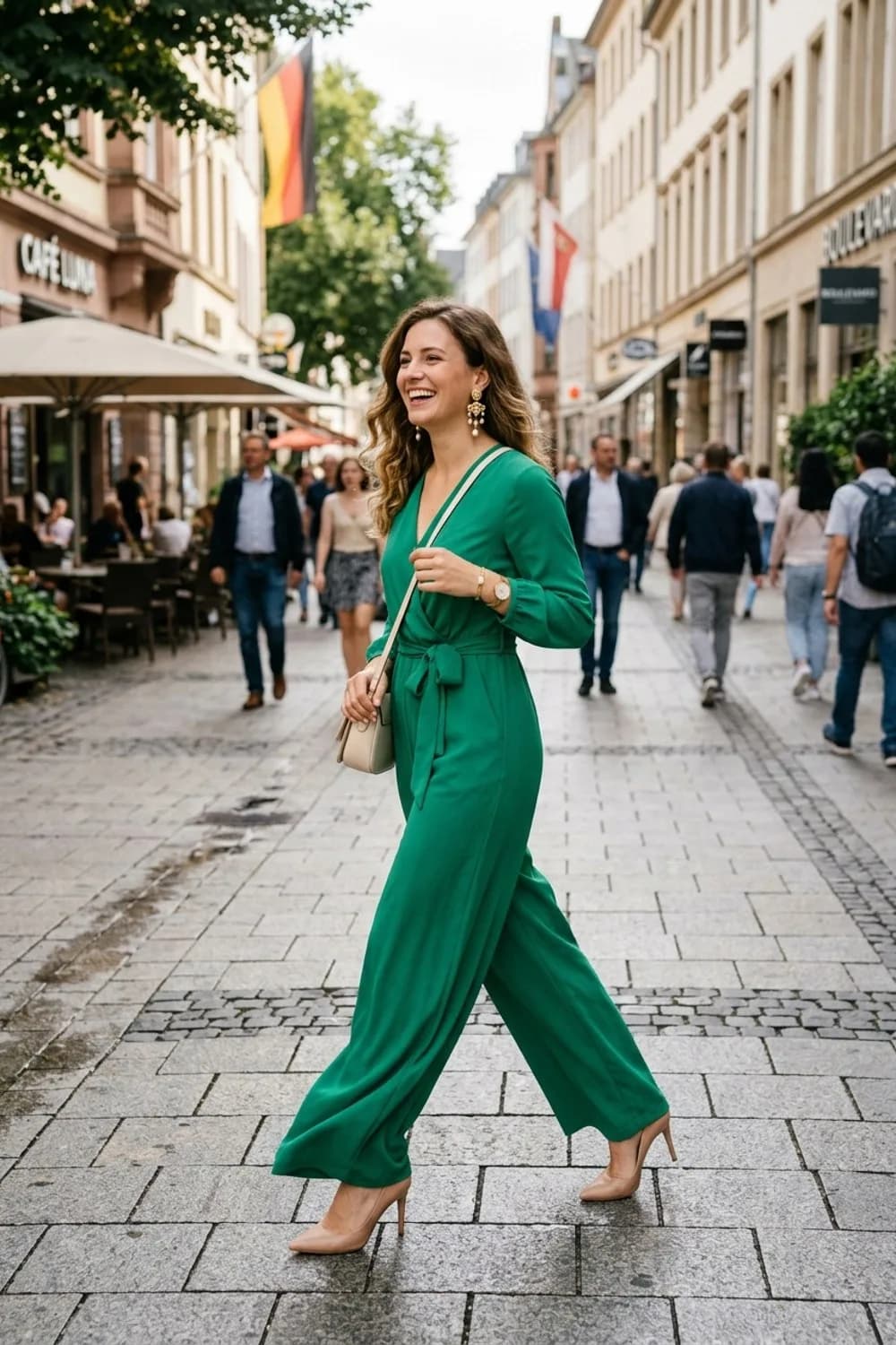 Moderner City-Chic: Smaragdgrüner Jumpsuit mit weitem Bein, spitze Pumps in Nude und Statement-Ohrringe – Trauzeugin Kleid: 9 wunderschöne Looks für den schönsten Tag der Freundin