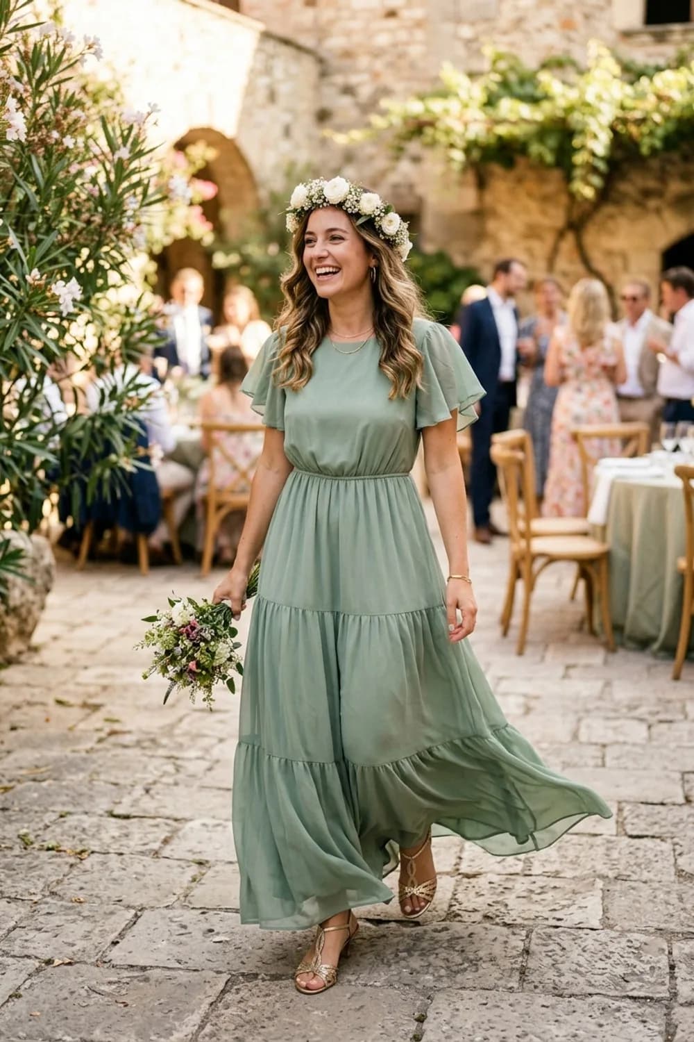 Romantischer Boho-Look: Fließendes Maxikleid in Salbeigrün, filigrane Goldsandalen und Blumenkranz – Trauzeugin Kleid: 9 wunderschöne Looks für den schönsten Tag der Freundin