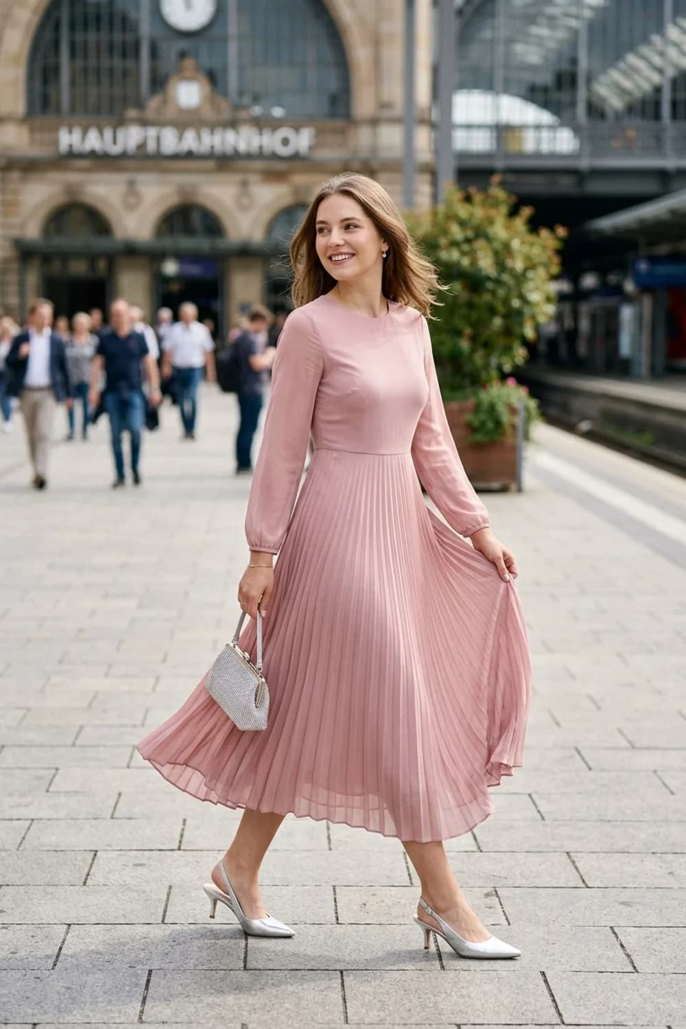 Zarter Pastelltraum: Midikleid in zartem Rosé mit Plissee-Rock, Slingback-Pumps und eine Clutch in Silber – Trauzeugin Kleid: 9 wunderschöne Looks für den schönsten Tag der Freundin