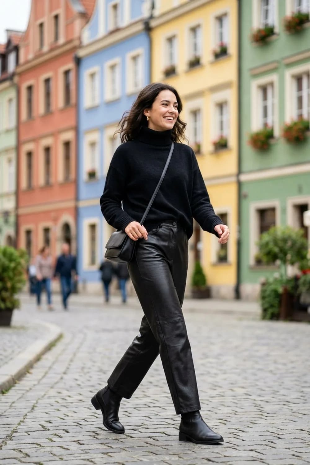 Das Monochrome-Statement: Schwarze Lederhose, schwarzer Rollkragenpullover und schwarze Stiefeletten – Lederhose kombinieren: 9 edgy Outfits für Frauen mit Sinn für Stil