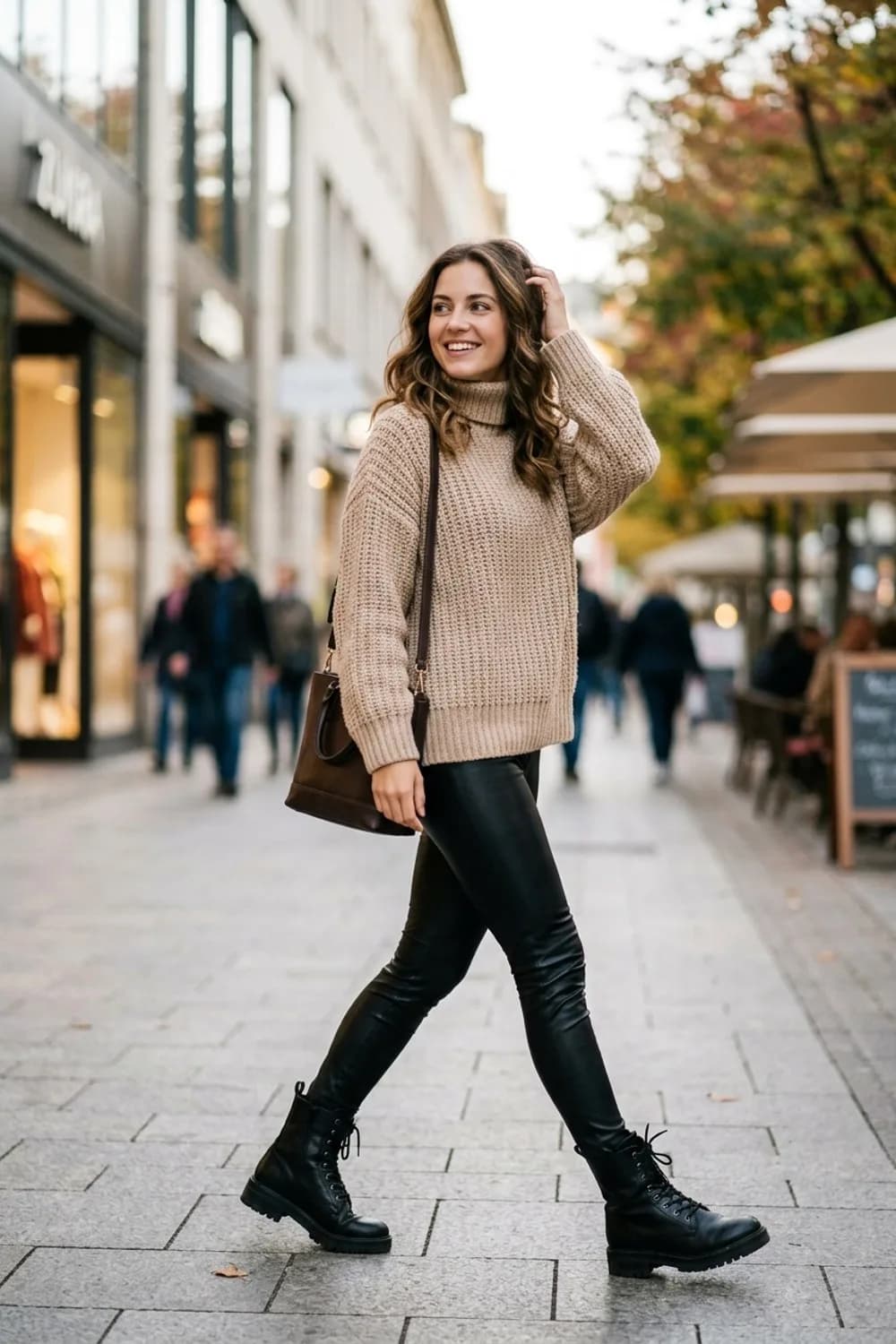 Der Cozy-Knit-Look: Lederleggings, beiger Oversize-Strickpullover und derbe Boots – Lederhose kombinieren: 9 edgy Outfits für Frauen mit Sinn für Stil
