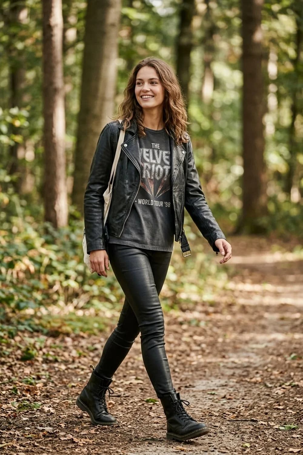 Der Modern-Rock-Glam: Beschichtete Lederhose, Band-T-Shirt und Bikerjacke – Lederhose kombinieren: 9 edgy Outfits für Frauen mit Sinn für Stil