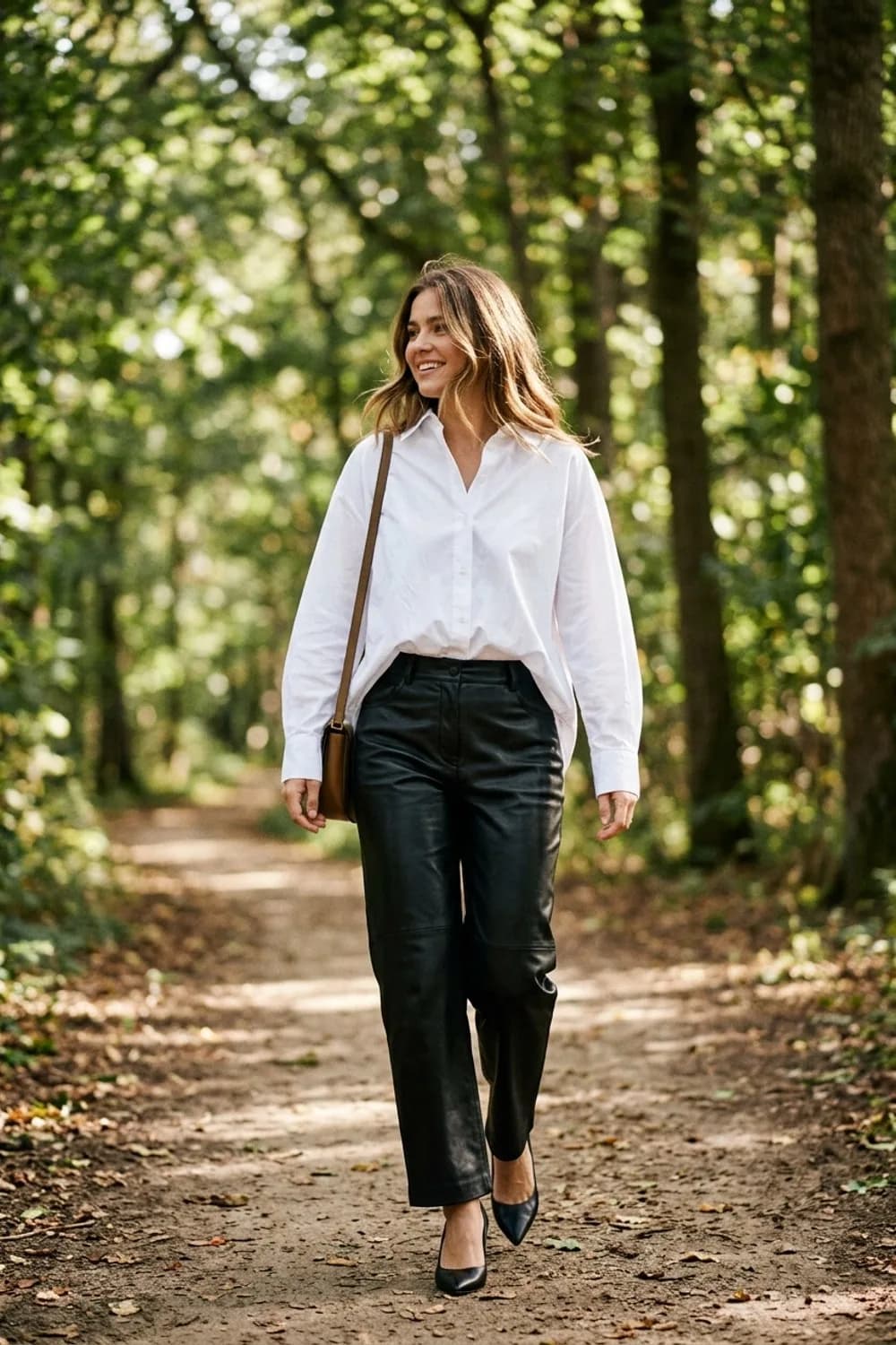 Der Office-Look: Weite Lederhose, weiße Oversize-Bluse und spitze Pumps – Lederhose kombinieren: 9 edgy Outfits für Frauen mit Sinn für Stil