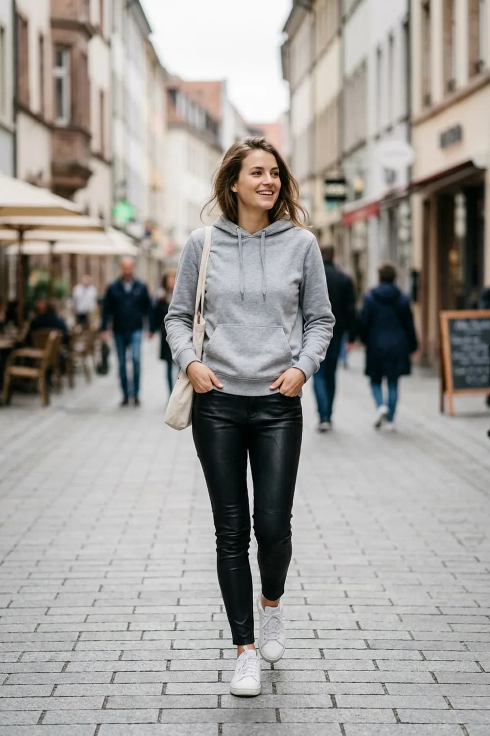 Der Weekend-Vibe: Skinny Lederhose, grauer Hoodie und weiße Sneaker – Lederhose kombinieren: 9 edgy Outfits für Frauen mit Sinn für Stil
