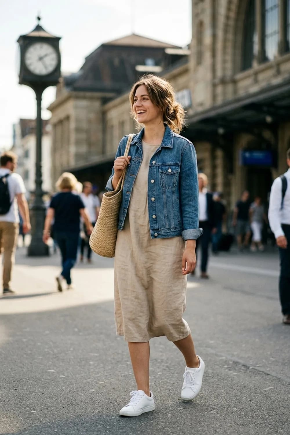 Der Alleskönner: Lockeres Leinenkleid, weiße Sneaker und Jeansjacke – Lockeres Kleid: 9 lässige Looks für entspannte Tage
