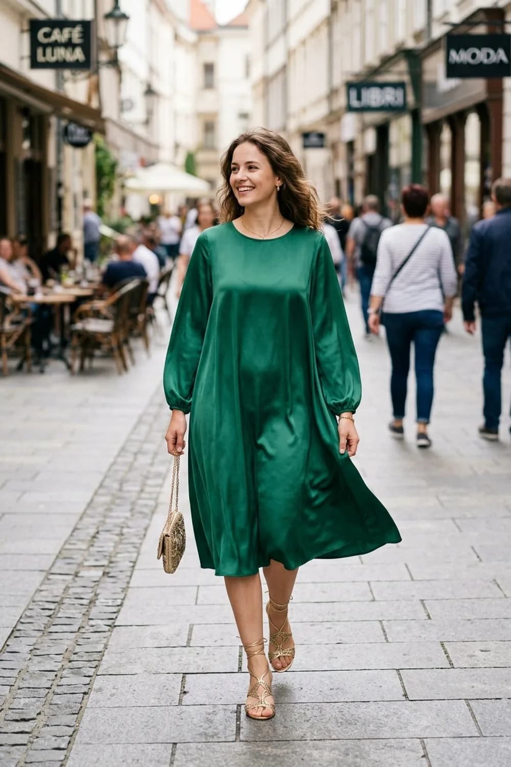 Eleganter Abend: Lockeres Satinkleid, filigrane Riemchensandalen und Clutch – Lockeres Kleid: 9 lässige Looks für entspannte Tage